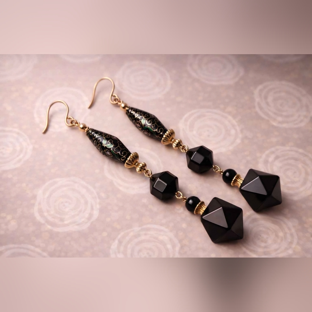 Saks Fifth Avenue Black & Gold Statement Drop Earrings - Picture 3 of 4